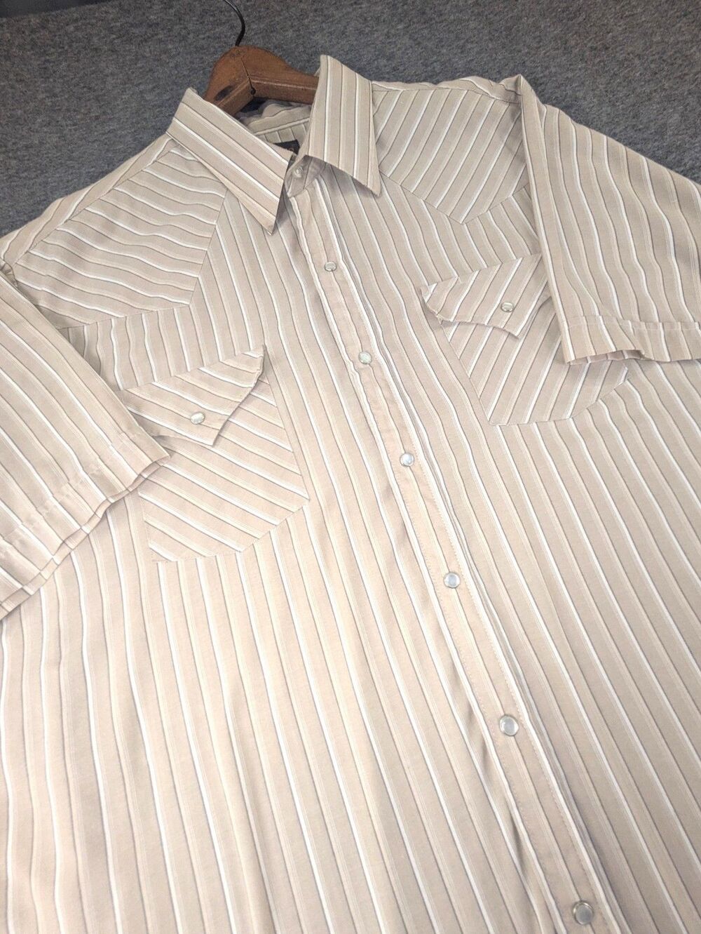 Plains Western Wear XL Beige Stripe Pearl Snap Shirt Cotton
